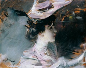 Portrait of Lina Cavalieri with new hat by Giovanni Boldini