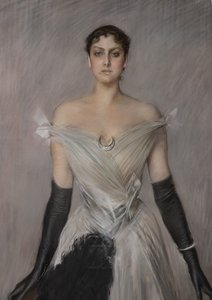 Portrait of a lady in white with gloves and fan (detail)