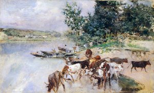 Watering of Cattle on Seine by Giovanni Boldini
