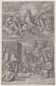 Ecclesiastics in a Landscape Writing, Others in the Heavenly Realm Above by Giovanni Cesare Testa