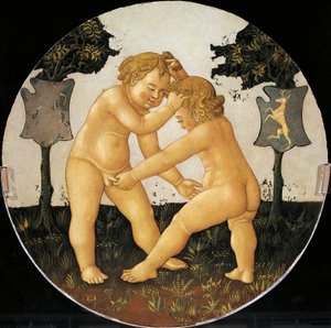 Putti playing, detail from back of birth tray (round painting)