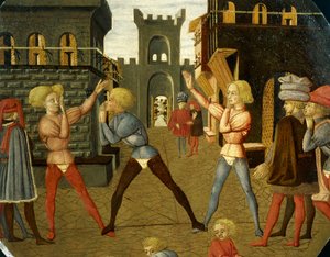 Game called civettino, detail from front of birth tray (round painting), circa 1450