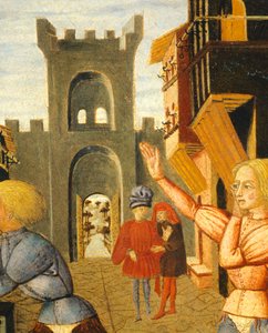Game called civettino, detail of right side of birth tray (round painting)