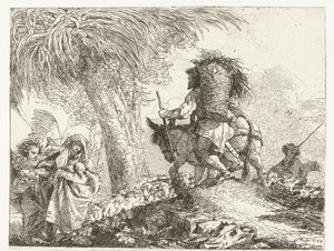 Mary with Child Supported by Angel and Joseph Leading Donkey Past Shepherd with Sheep (Flight into Egypt) by Giovanni Domenico Tiepolo