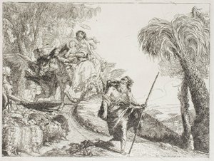 The Holy Family Descending a Forest Path, Near a Flock and Some Shepherds (plate 21 from The Flight into Egypt) by Giovanni Domenico Tiepolo