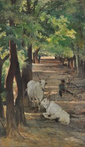 Avenue with oxen and stone breakers, c.1875 by Giovanni Fattori