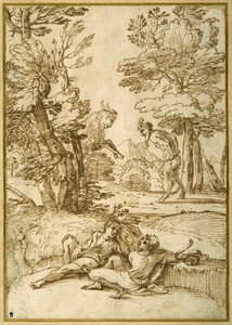 A landscape with two shepherds lads resting, while a satyr and a goat dance by Giovanni Francesco Grimaldi