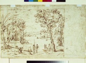 Landscape with figures on a riverbank by Giovanni Francesco Grimaldi