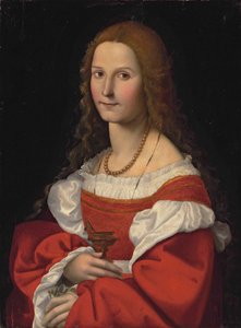 Portrait of a Lady as Mary Magdalene, Half-Length, in a Red Dress and Pearl Necklace