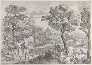 A Group of People Playing Cards at Right and a Man on Horseback at Left by Giovanni Francesco Grimaldi