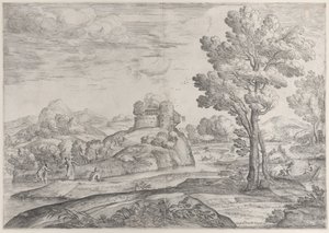 A House Atop a Round Rock at Center, People in the River and in Canoes