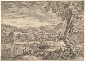 Landscape with a brick factory in the middle ground, a standing man in the foreground, 1626-80 by Giovanni Francesco Grimaldi