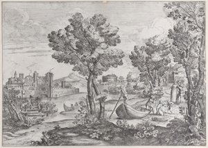 Landscape with a man holding a snake to a terrified child, watched by a fashionably dressed person, 1626-80 by Giovanni Francesco Grimaldi