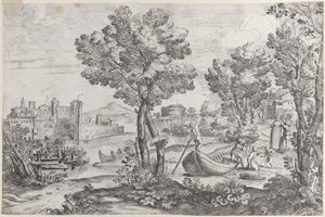 Landscape with a Man Holding a Snake to a Terrified Child, Watched by a Fashionably Dressed Person by Giovanni Francesco Grimaldi