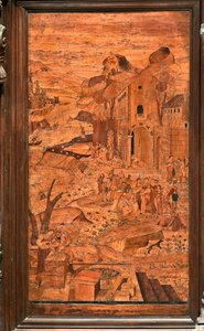 Genoa, Duomo (St Lawrence Cathedral), inside, apse, choir, North side: "Moses rescued from the waters", wood intarsia by Giovanni Francesco Zambelli (XVI century) by Giovanni Francesco Zambelli