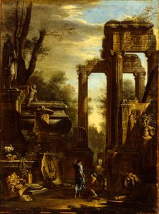 Capriccio of Classical Ruins and Statuary with Figures Conversing by Giovanni Ghisolfi