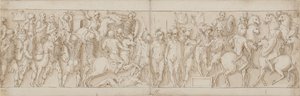 A Sarmatian village is destroyed under the eyes of the emperor; barbarians look on from a stand; Marcus Aurelius receives a mounted German messenger on horseback