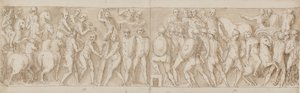 End of a march by the emperor with his legionaries and guards; the Romans building a camp; the Romans on a march with the emperor