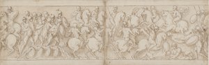 Marcus Aurelius sets out over a wharf with infantry and cavalry; the Sarmatians are repulsed by advancing Romans