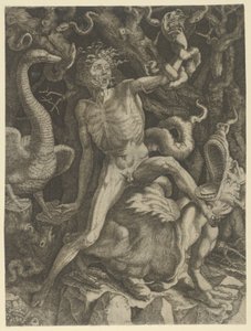 Fury personified as an old man riding a monster, holding a skull in his left hand by Giovanni Jacopo Caraglio