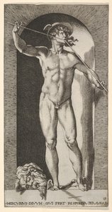 Mercury Standing in a Niche Playing His Pipes, with the Severed Head of an Old Man by Giovanni Jacopo Caraglio