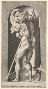 Plate 1: Saturn in a niche devouring his son, standing before a scythe by Giovanni Jacopo Caraglio