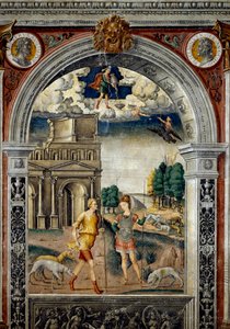 Sign of the Zodiac: Aquarius. On top medallions with portraits of emperors Septimius Severus and Pescennius Niger, his rival. Below, legend associated with the birth of the constellation corresponding to the sign: the deity Diana with a hunter