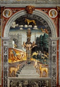 Sign of the Zodiac: The Lion. Top medallions with portraits of Emperors Vitellius and Vespasian. Below, legend associated with the birth of the constellation corresponding to the sign: the deity Artemis of Ephesus