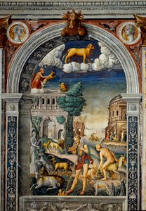 Sign of the Zodiac: The Bull. On top medallions with portraits of Tiberius and Caligula. Below, legend associated with the birth of the constellation corresponding to the sign: the god Pan playing the flute. On the left, a goat puts down a small one