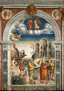 Sign of the Zodiac: The Gemini. Below, legend associated with the birth of the constellation corresponding to the sign: two men exchange an artichoke and flowers. A woman kisses a bird, men in the background came the god Neptune. Top medallions with portra