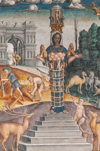 The astrological sign of Leo with Diana, two deers and a satyr as on a sarcophagus in Bleinhaim Palace; in the background the Arco degli Argentari in Rome and Hercules struggling against the Nemean lion, Chamber of the Zodiac (detail)