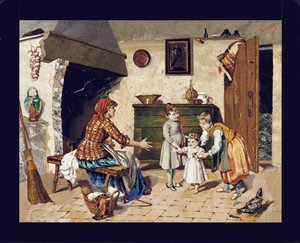 Pictorial Plate Depicting a Cottage Interior Scene with Mother, Two Young Girls and an Infant Taking Her First Steps, Florence, c.1900-10