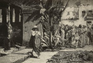 Magdalene, woman with turban and procession in Middle Eastern village, engraving by Cantagalli brothers from painting by Giovanni Muzzioli, Modena, Italy from L