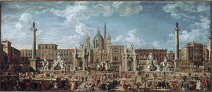 Preparations for the fireworks and decorations of the feast given in Rome celebrating the birth of the Louis de France dolphin by Giovanni Paolo Pannini