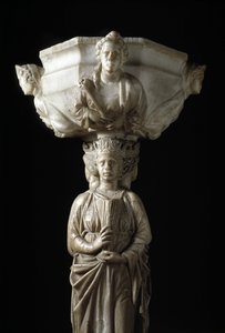 Benitier at the pillar decorates the three theological virtues and a bowl decorated with the busts of the four cardinal virtues (Marble stoup with column with the three theological virtues and water font with the four cardinal virtues) Sculpture by Giovann by Giovanni Pisano