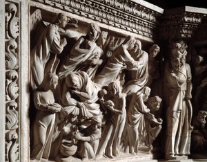 Detail of the Reliefs of the Chair by Giovanni Pisano: The Annunciation, the Visitation, and the Birth of John the Baptist (detail) by Giovanni Pisano