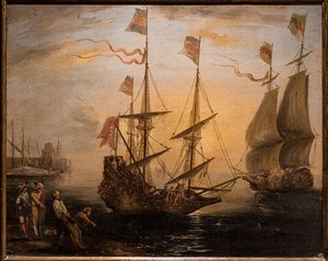 Marina and two sailing ships by Giovanni Signorini