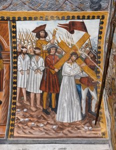 Stories of the Passion of Christ: Jesus goes up to Calvary carrying the cross and helped by Cyrenaeus by Giovanni di Cherasco Botoneri