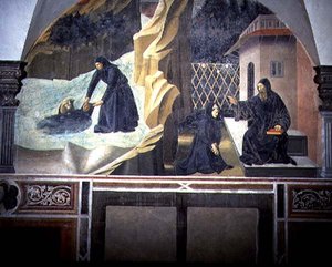 St. Benedict Sending Mauro to Save the Drowning Placidus from the Lake (detail) by Giovanni di Consalvo (attr. to)