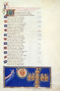 Paradiso, Canto XVIII. Miniature shows Dante and Beatrice hovering before the half figure of Cacciaguida, who is on the periphery of the Heaven of Mars, which has the winged figure of Mars in its centre. Dante is shown the eight holy warriors who appear in