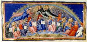 Paradiso, Canto X. Beatrice and Dante Hover Beside the Heaven of the Sun Meet Those Distinguished for Their Wisdom. They Are Greeted by St. Thomas Aquinas with Albertus Magnus. Seated Below Are Ten Representatives of Wisdom; Bede, St. Ambrose, Isidore of S by Giovanni di Paolo