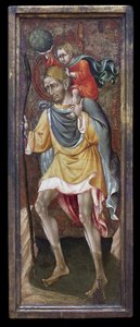 Saint Christopher carrying Jesus Christ on his shoulders. Painting by Giovanni Di Paolo Di Grazia