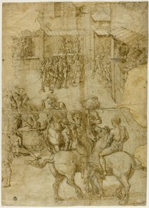 Mythological Pageant (recto); Illegible Inscriptions and Anatomical Studies of Head (verso) by Girolamo Genga