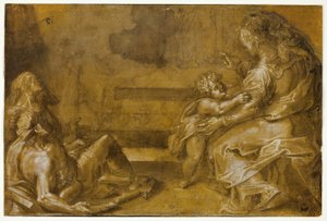 Two Reclining Beggars, and Seated Mother and Child, at Foot of Steps by Girolamo Macchietti