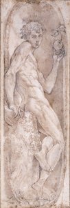 Adam holding an Apple, seated, in a Medallion, c.1547-1553 by Girolamo Mazzola Bedoli