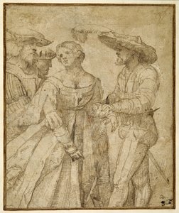 Scene of gallantry: four figures standing against a landscape background by Girolamo Romanino