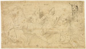 Ancient Relief with Hercules and the Mares of Diomedes (front); Two Sketches: Draped Satyr and Winged Female Figure (back) by Girolamo da Carpi