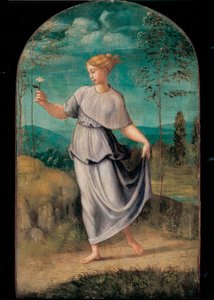 Young Woman Holding a Flower with an Extensive Landscape Beyond