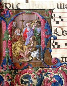 Decorated letter depicting Christ washing the feet. Miniature by Girolamo da Cremona (active around 1451-1483) and Liberale da Verona (1445-1529) from a choir (Cod. 22/7. c.37) from the Cathedral of Siena. 15th century.