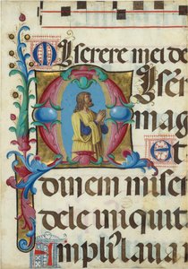 Manuscript Illumination with David in Prayer in an Initial M, from a Psalter, Italian by Girolamo dai Libri